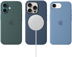 Divers accessoires MagSafe pour iPhone. Coque en silicone avec MagSafe pour iPhone 16, Vert lacustre, Coque en silicone avec MagSafe pour iPhone 16 Pro, Denim, connexion à un chargeur MagSafe, blanc, Coque en silicone pour iPhone 16e, Bleu d’hiver