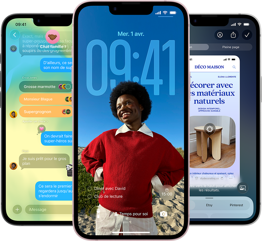 Trois iPhone&nbsp;17e affichant l’app Messages avec le design Liquid&nbsp;Glass, l’écran verrouillé dynamique et Intelligence visuelle en cours d’utilisation