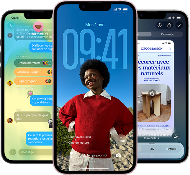 Trois iPhone&nbsp;17e affichant l’app Messages avec le design Liquid&nbsp;Glass, l’écran verrouillé dynamique et Intelligence visuelle en cours d’utilisation
