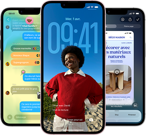 Trois iPhone&nbsp;17e affichant l’app Messages avec le design Liquid&nbsp;Glass, l’écran verrouillé dynamique et Intelligence visuelle en cours d’utilisation