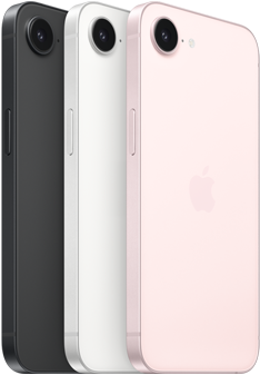 iPhone 17e, faces latérale et arrière, coloris noir, faces latérale et arrière, coloris blanc, faces latérale et arrière, coloris rose pastel, caméra Fusion en haut, bouton latéral