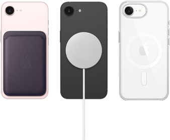 iPhone&nbsp;17e rose pastel avec Porte-cartes en tissage fin violet nuit, iPhone&nbsp;17e noir avec coque en silicone noire avec chargeur MagSafe, iPhone&nbsp;17e blanc dans une coque transparente avec MagSafe