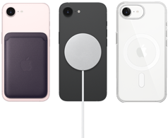 iPhone&nbsp;17e rose pastel avec Porte-cartes en tissage fin violet nuit, iPhone&nbsp;17e noir avec chargeur MagSafe, iPhone&nbsp;17e blanc dans une coque transparente avec MagSafe