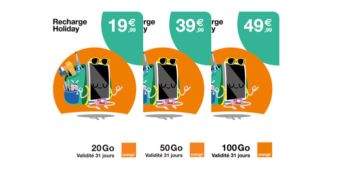 Orange Holiday prepaid cards 19.99 euros for 20GB, 39.99 euros for 50GB and 49.99 euros for 100GB