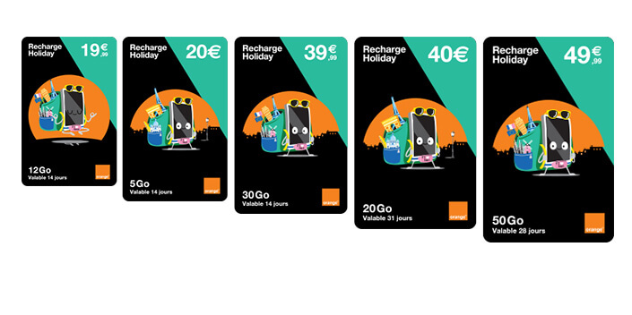 Cartes prépayées Orange Holiday 19,99euros pour 12Go, 20euros pour 5Go, 39,99euros pour 30Go, 40euros pour 20Go et 49,99euros pour 50Go 